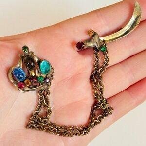 VTG Royal Crown Sterling Glamour signed Brooch pin Regal Glass Cabochon chain